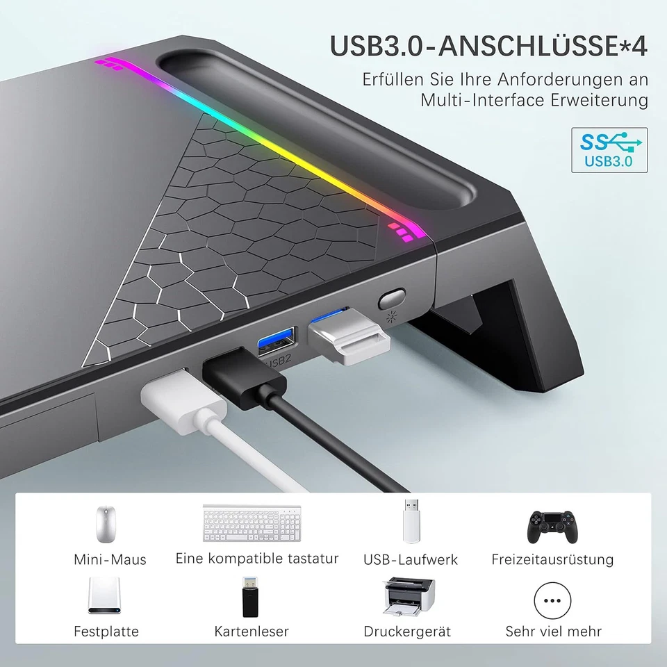 Monitor Ständer für Schreibtisch Gaming mit 4 USB 3.0 Hub Und RGB Licht Monitor - Bild 3 von 4