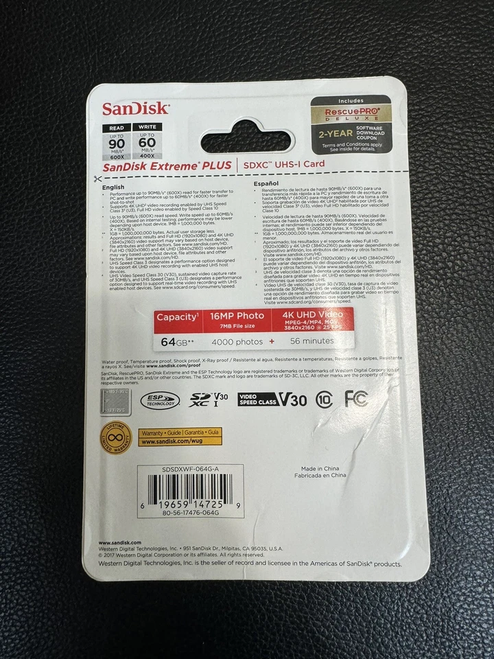 SANDISK SDSDXSF-064G-ANCIN 64GB SanDisk Extreme PLUS SDXC U3 V30 4K Memory Card - Image 2 of 3