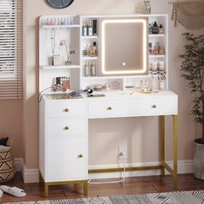 Makeup Vanity with Lights in 3 Colors, White Vanity Desk with Mirror and Lights