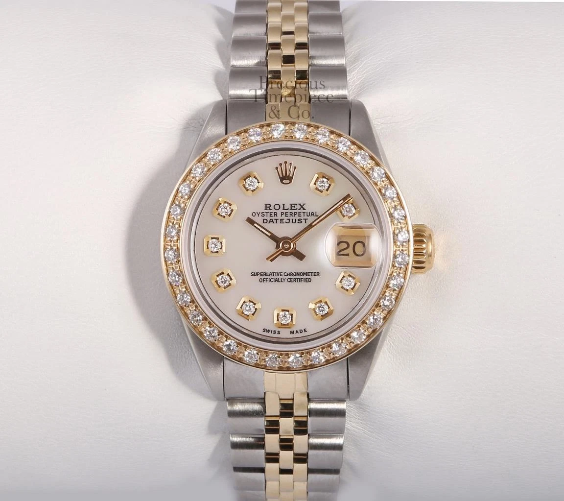 Rolex Lady Datejust 26mm Two Tone Watch 18k Diamond Bezel White MOP Diamond Dial