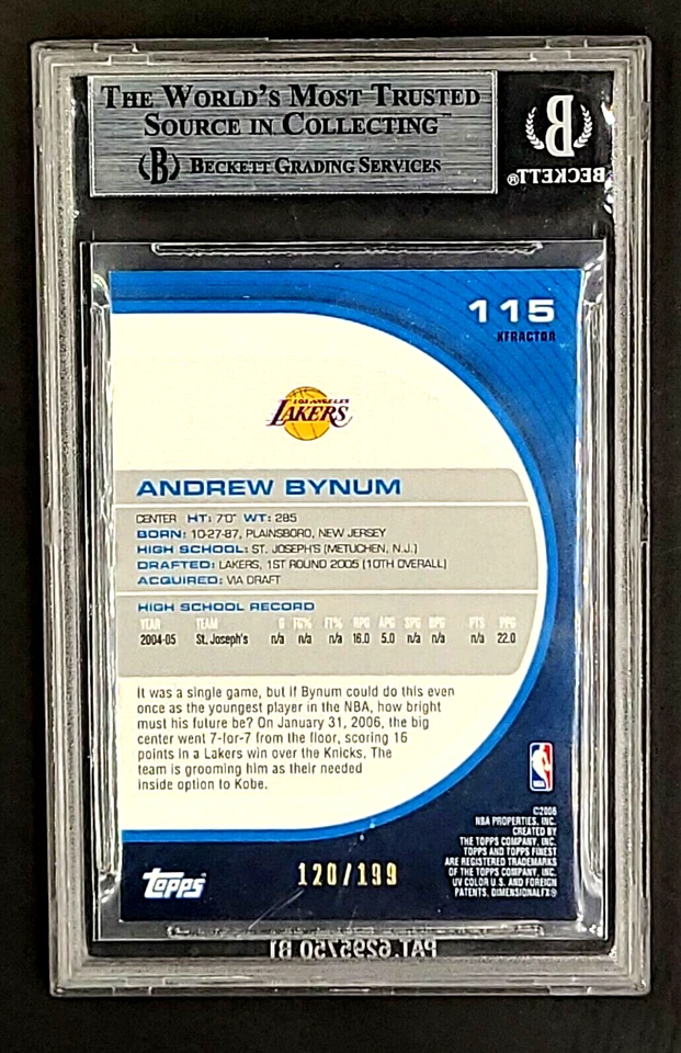 2005 Topps Finest Xfractor #115 Andrew Bynum RC Rookie /199 BGS 9 (10/9/8.5/9.5) - Image 2 of 4