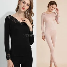 Women Mulberry Silk Underwear Base Layer Lace V-Neck Long Johns Top & Bottom Set