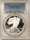 1990-S $1 PROOF AMERICAN SILVER EAGLE, 1 OZ .999 – PCGS PR-70 DCAM