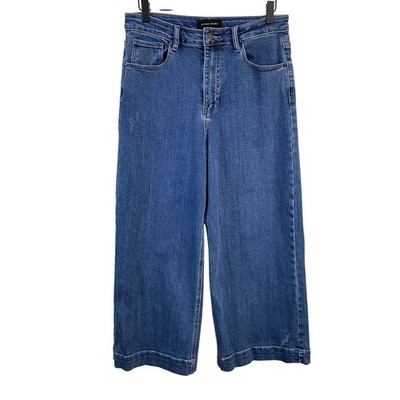 Risen Womens High Rise Wide Leg Medium Wash Jeans 11/30 Blu Comfy Light Distress