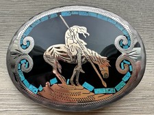 J H Johnson Held Turquoise Inlay Trail of Tears Belt Buckle Nickel Silver