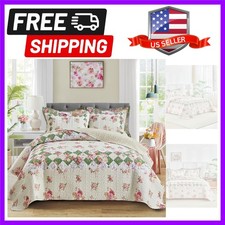 Patchwork Quilt Set Queen Size,3 Pieces Pink Cream Green Floral Plaid Reversi...