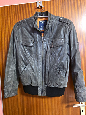TOM TAILOR Herren Leder Bomberjacke Grau- schwarz Gr. M Stehkragen RV Taschen