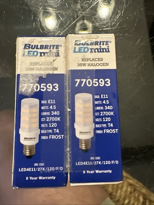 BULBRITE 2 PACK 770593 BULBS 2700k E11 Frost T4 340 Lumens 4.5 Watt