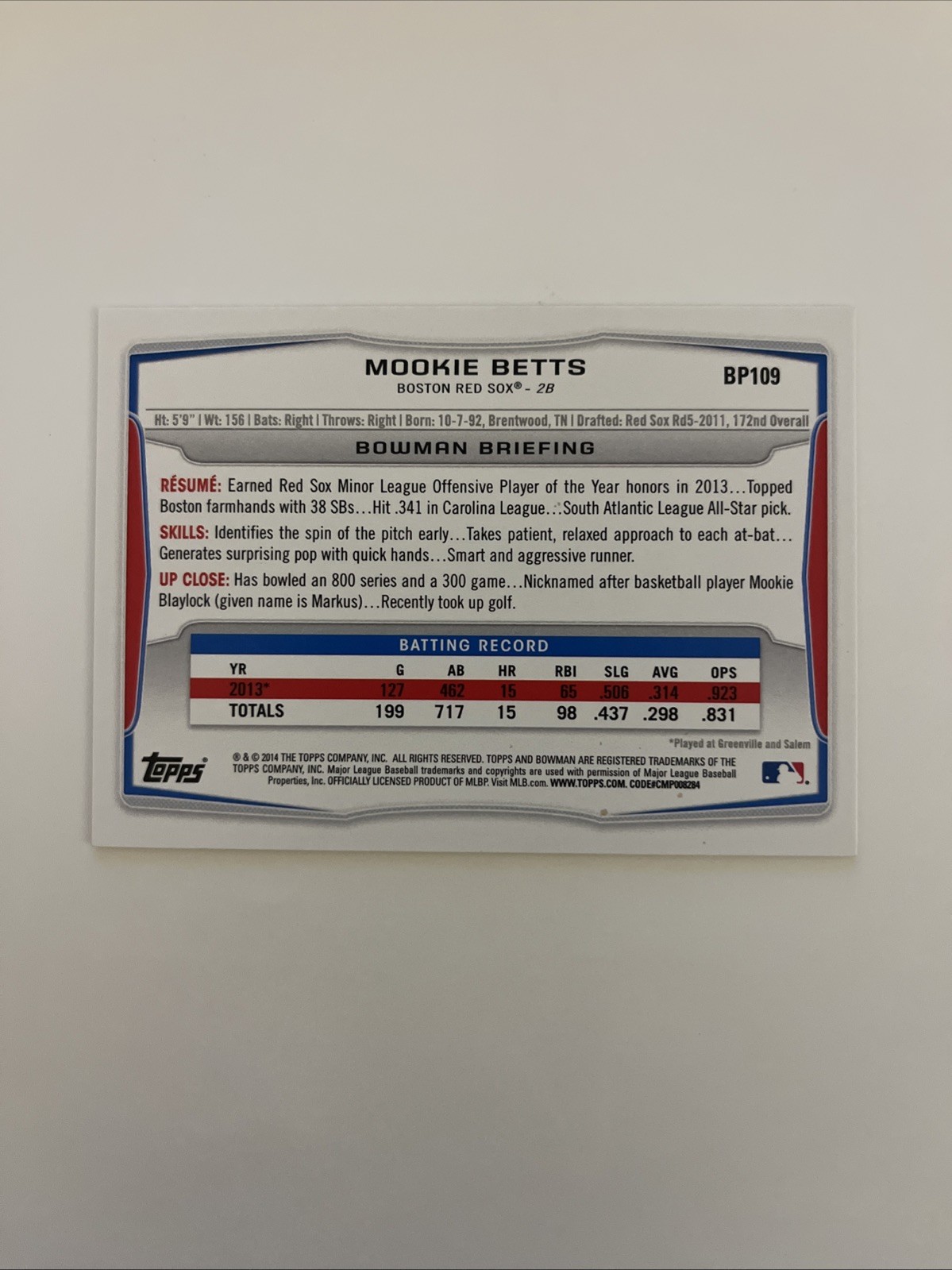 2014 Bowman Prospects Mookie Betts #BP109 (RC) view 2