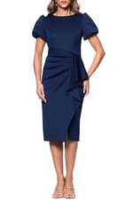 Xscape Womens Draped Puff-Sleeve Sheath Midi Dress 4 Midnight - NWT $209