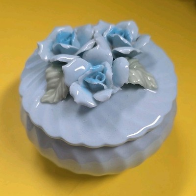 Beacon Hill Porcelain Round Trinket Box Blue Roses Glazed Floral with Lid