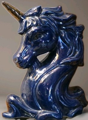 Vintage Cobalt Blue Iridescent 8'' Unicorn Bust Figurine Gold Horn Fantasy Decor 