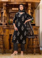 3 PCS Elegant black Printed Kurta with Palazzo For Women Pure Cotton Rayon Gift