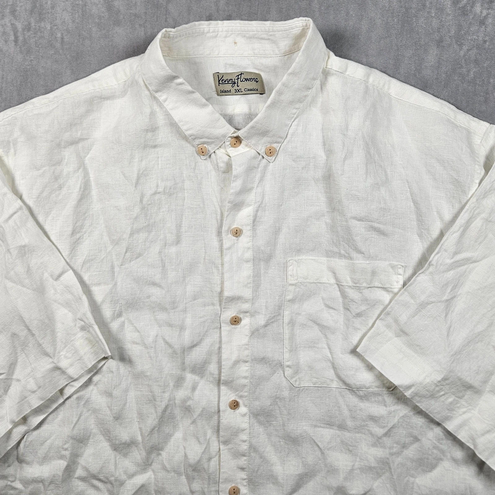 Kenny Flowers Shirt Mens 3XL White 100% Linen Short Sleeve Button Down Pocket
