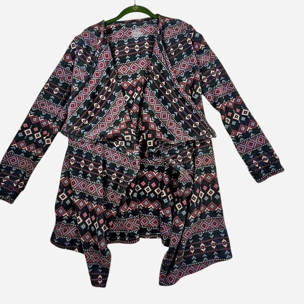 Cuddl Duds long sleeve drape-front fleece jacket navy blue pink Aztec print 3xl
