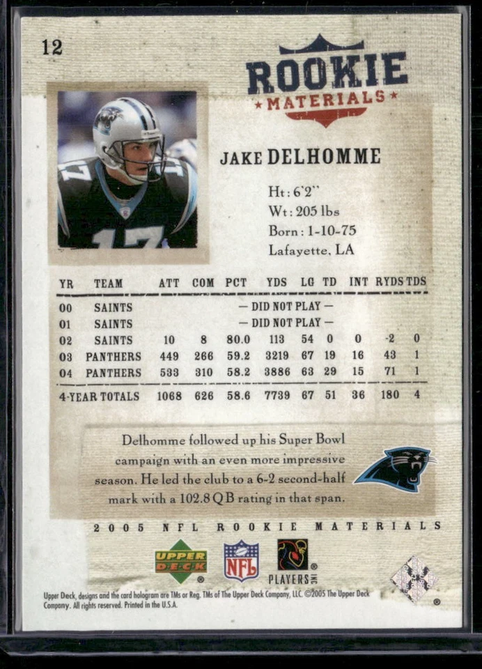 2005 Upper Deck Rookie Materials #12 Jake Delhomme - Image 2 of 2