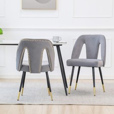 Modern Velvet Dining Chair Set of 2 w/ Gold Legs Nailheads Gray