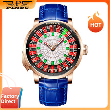 PINDU Men's Automatic Watch 46mm button roulette wheel Leather Strap Waterproof