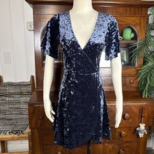 American Eagle Womens Small Dress Blue Velvet Short Sleeve V Neck Faux Wrap