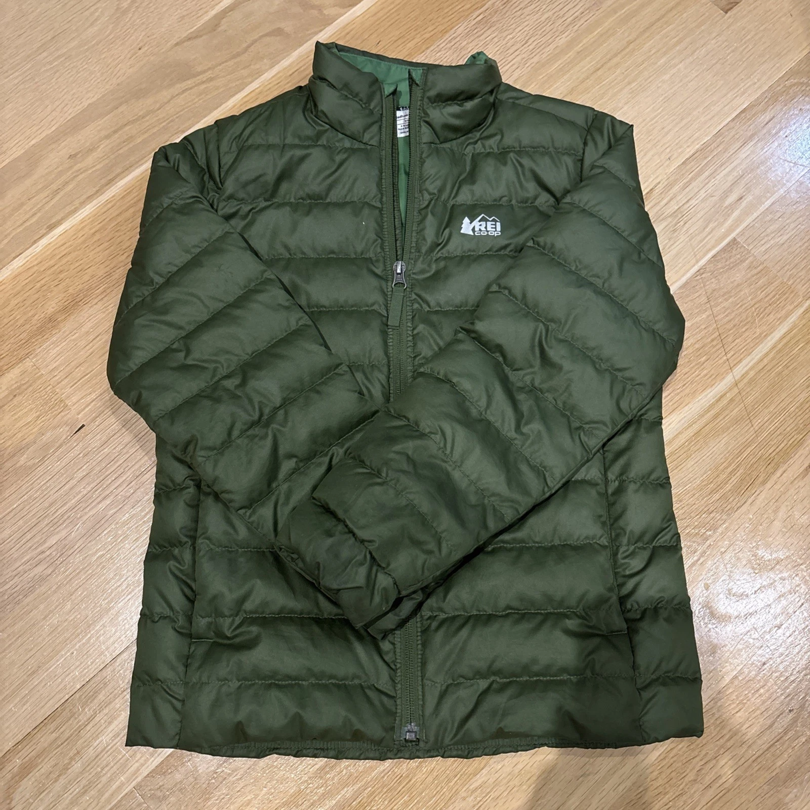 REI Co-op 650 Down Puffer Jacket Kids Medium (10-12) olive Full Zip Hiking