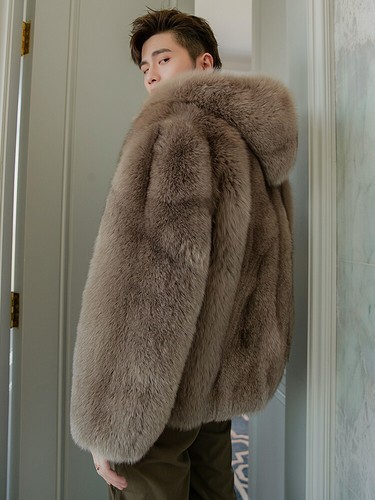 Men's Winter Fox Fur Coat Hooded Mink Fur Coat Coat Loose Fit Faux Fur Warm Coat - Picture 3 of 25