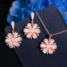 585 Rose Gold Plated CZ Flower Dangle Drop 925 Silver Dangle Earring Jewelry Set