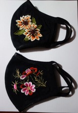 Set of 2 Black With Embroidered Floral Design Face Masks Reusable Washable New