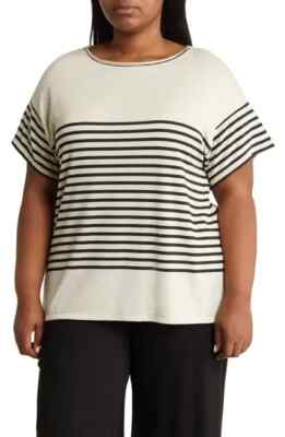Max Studio Beige Black Stripe Tunic Top Women s Plus 2X Short Sleeve Knit NWT