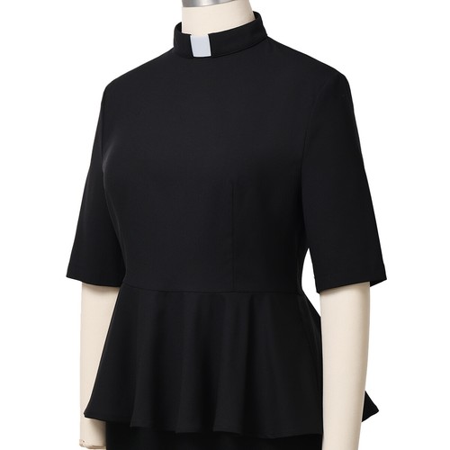Women's Clergy Shirt Ministers Shirt Priest Peplum Shirt Short Sleeves Shirt - Picture 5 of 25