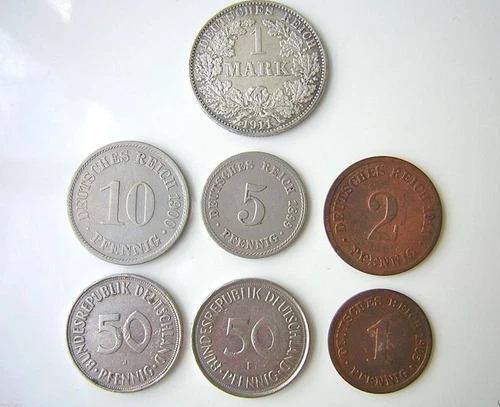 7 x Coins 1,2,5,10 Pfennig + 1 x 900 Silver Mark Empire & 2 x 50 Pfennig
