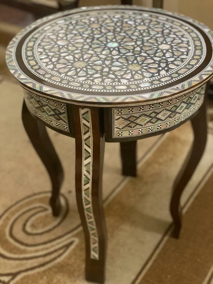 Handmade Wooden End Table Carving Wood Table Home Decor Mother of Pearl Inlay - Image 2 of 4
