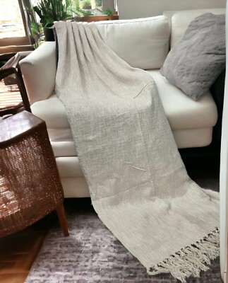 Hand-Loomed Cotton Linen Sofa Couch Throw Blanket with Tassels Size 52 x 72''