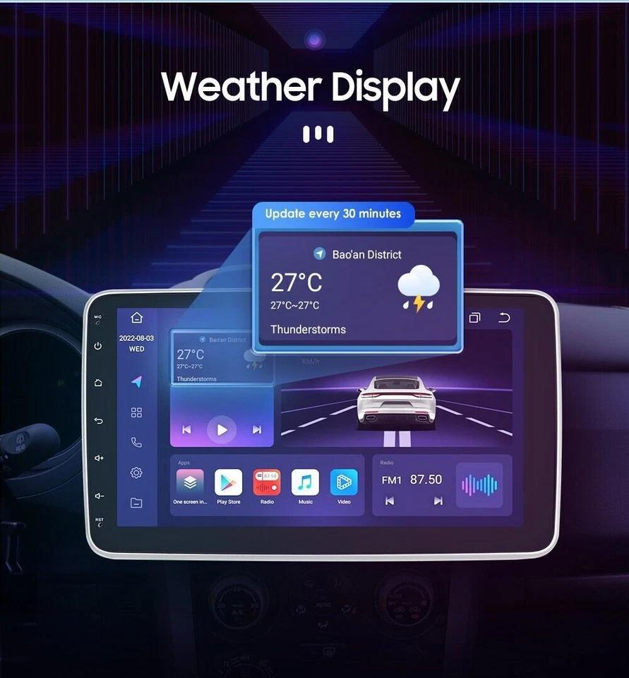 Android 12 4+32G 8Core 1DIN 10"Car Radio Stereo Head Unit GPS Wireless CarPlay - Image 3 of 4