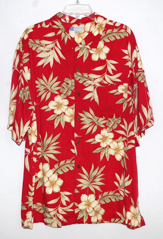 Half Moon Bay Hawaiian Red with Beige Hibiscus Flowers Rayon Mens Shirt Size L - Image 2 of 4