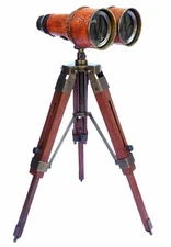 Antique Brass Binocular Telescope with Wooden Tripod Stand Collectible Gift Deco