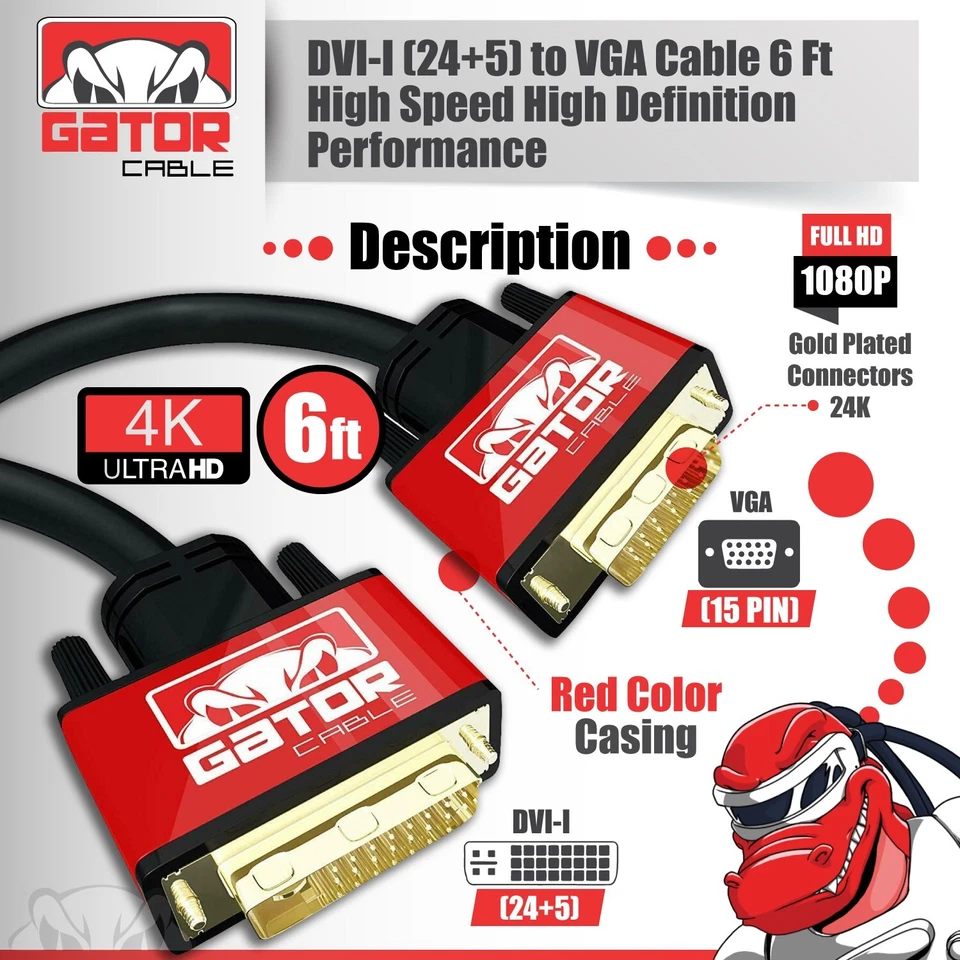 DVI-I to VGA Cable 24+5 Dual Link Male to Male Cord Video Monitor Adapter PC 6FT - Image 2 of 4
