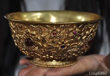 old China ancient bronze Gilt Inlay gem Dragon fish statue Tea cup Bowl Bowls