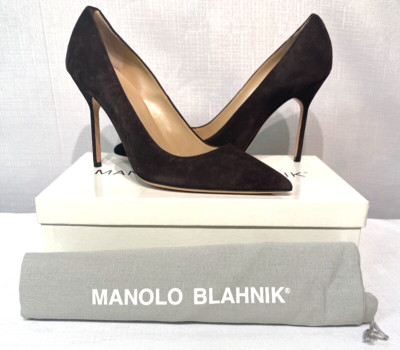 NIB Manolo Blahnik BB 105 Suede Pumps Brown Heels Pointed Toe Stiletto Size 8.5B
