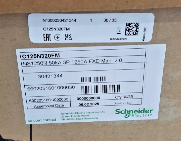 Schneider C125N320FM NS1250N 50kA 3P 1250A FXD, Made in Italy