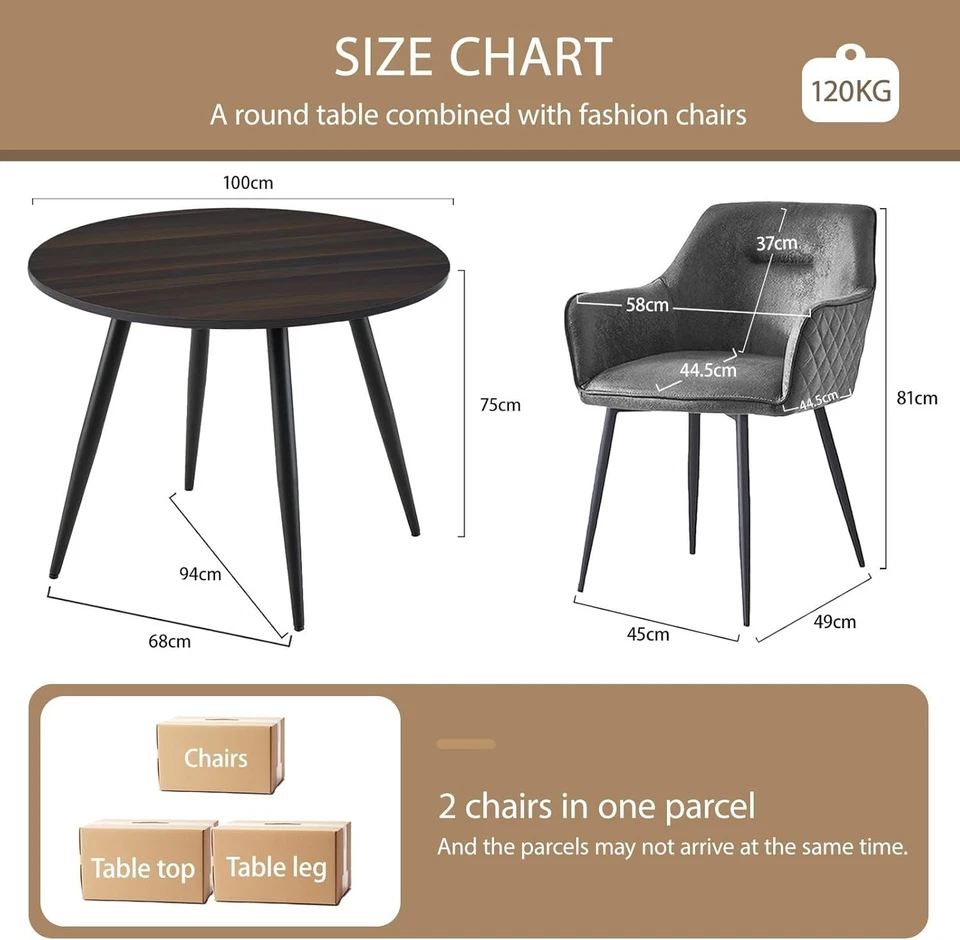 Round Dark Walnut Dining Table Set with 2 Grey Faux Suede Chairs Kitchen - Image 2 of 4