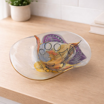 Vintage handbemalte Kunstglas Schale abstrakt Goldrand Studioglasschale