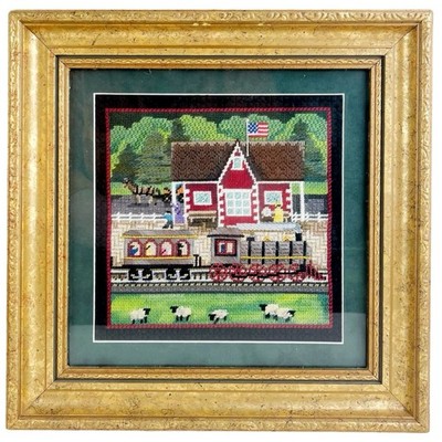 Rebecca Wood Needlepoint Complete First Stop Train Station Patriotic Frame 11x11