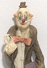 See Me Clown with Puppy Red Nose Resin Wood Base 10¼" VET Dog Walker 1980 Vtg