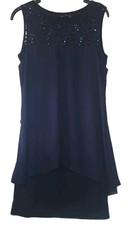 Womens Sleeveless Layered Floaty Dress Medium 14 Navy Blue Lace Sequin          