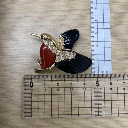 18K 750 Yellow Gold Onyx Ruby Diamond Brooch - Picture 9 of 9