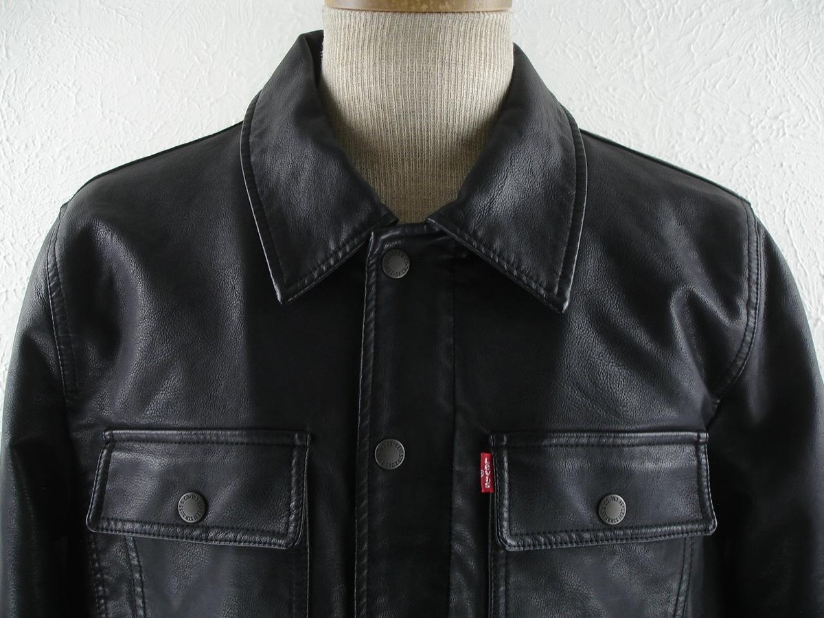 Levi's Men's sz S Black Faux Leather Classic Trucker Jacket Red