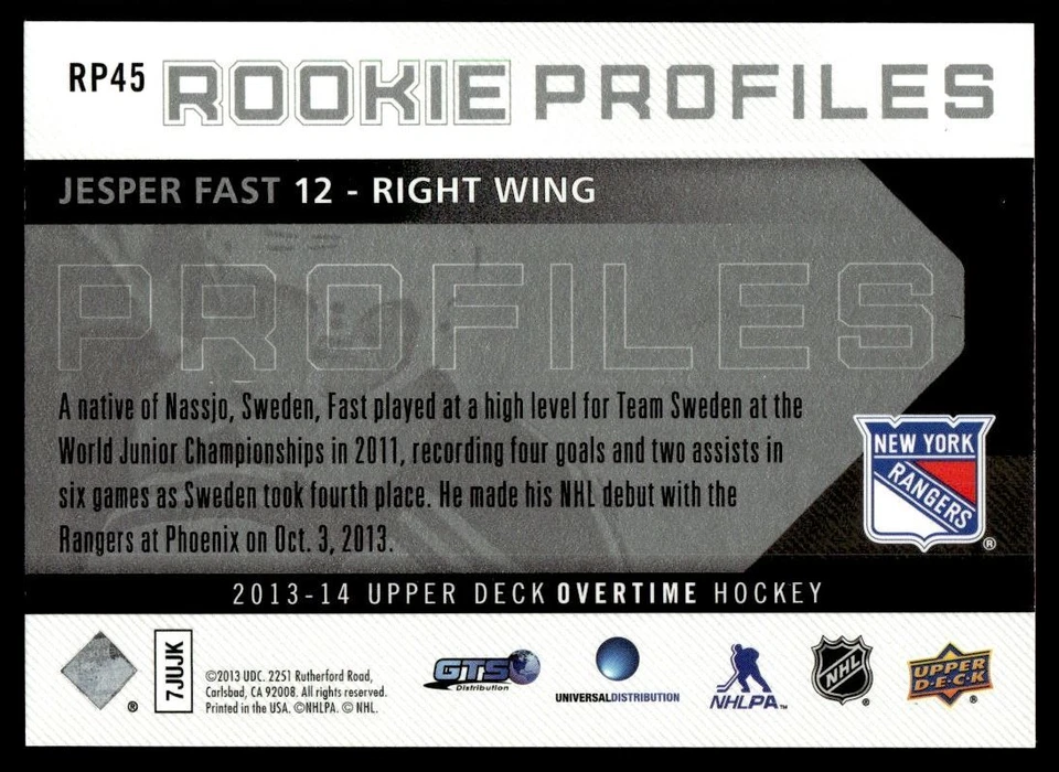 2013-14 Upper Deck Overtime Rookie Profiles Jesper Fast New York Rangers #RP45 - Image 2 of 2