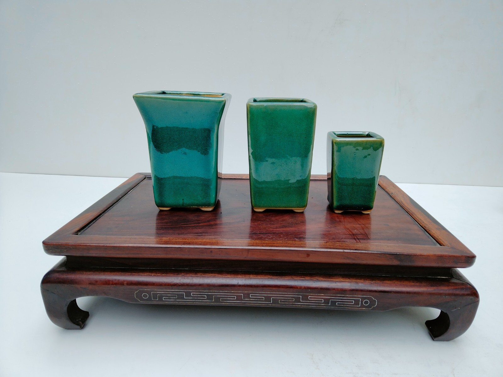 Chinese Glazed Kengai Bonsai Pot Set - 3 Green Canton Ceramic Planters