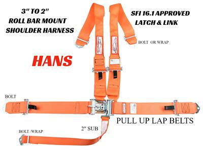 SFI 16.1 HANS RACING HARNESS LATCH 5 POINT SFI 16.1 PULL UP LAP BELTS ORANGE