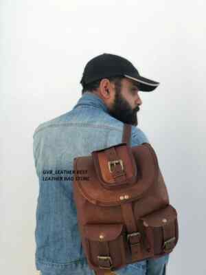 New 12.5'' Vintage Style Real Genuine Leather Bag Rucksack Backpack Dark Brown